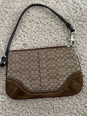 Coach Brown Signature Canvas and Suede Wristlet with Dark Brown Strap
